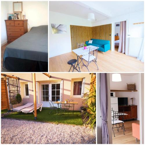 un collage de photos d'une chambre et d'un salon dans l'établissement MAS PARET, Gîte 