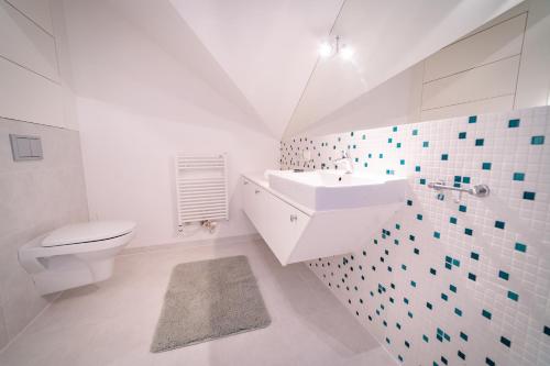 UpałtyにあるMazury Residenceの白いバスルーム(洗面台、トイレ付)