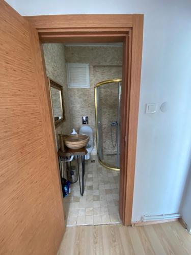 a bathroom with a shower and a wooden door at Old town kagitci apart in Istanbul