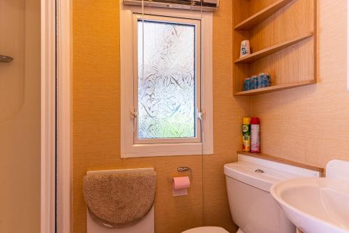 a bathroom with a toilet and a window at Mobilehome Bernard in Gastes