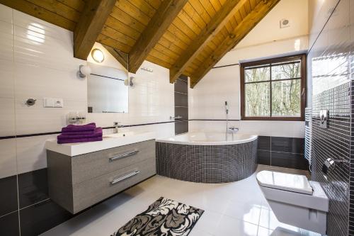 uma casa de banho com uma banheira, um lavatório e um WC. em Apartmány Slunce em Harrachov