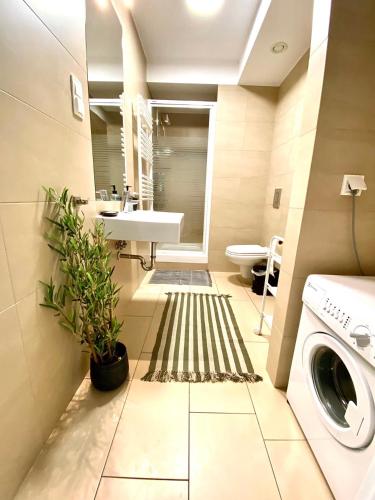 a bathroom with a washing machine and a sink at Bukove Love in Wisła