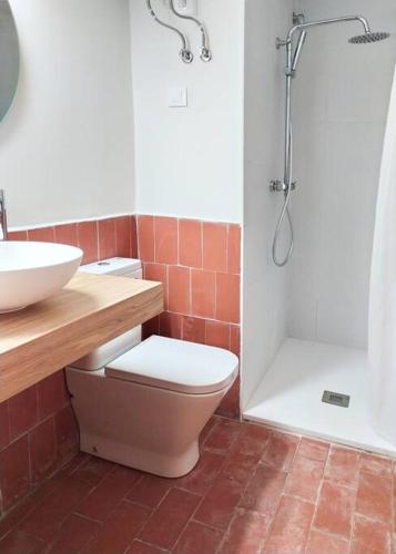 a bathroom with a toilet and a sink and a shower at Apartamento Perelló in El Perelló