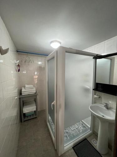 een badkamer met een douche en een wastafel bij Departamento Cervantes in Ushuaia