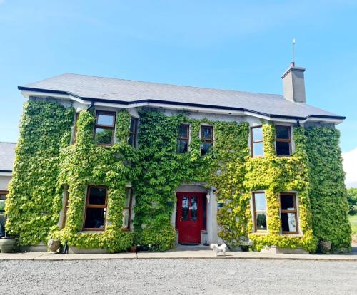 un edificio cubierto de hiedra con una puerta roja en The Garden Gates Guest Accommodation, en Castlebar