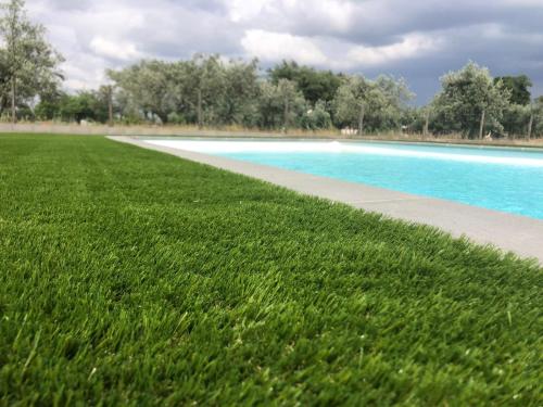 モンタルジルにあるMonte na Barragem de Montargil com piscinaの水の横の歩道がある草原