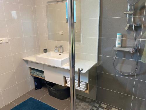 a bathroom with a sink and a shower at Terra Toscana Apartman in Sárvár
