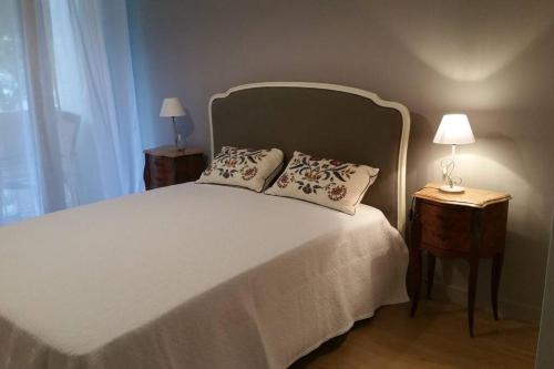 ein Schlafzimmer mit einem Bett mit zwei Kissen darauf in der Unterkunft Appartement spacieux à deux pas du centre in Ciboure