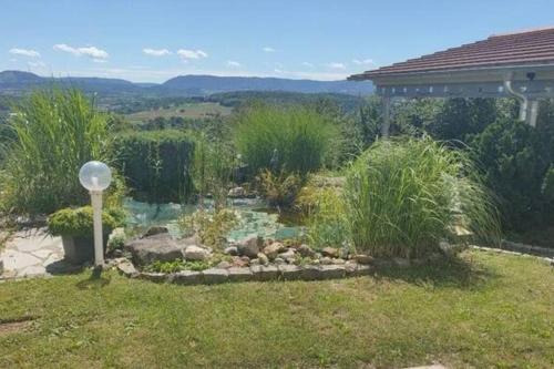 a garden with a pond in the middle of a yard at Einzigartiger Panoramablick zur Schwäbische Alb in Altenriet