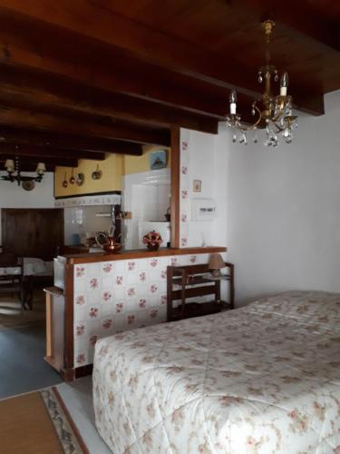 um quarto com uma cama grande e uma cozinha em La maison de Juliette En haut em Lascabanes