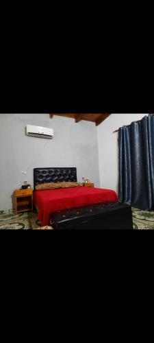1 dormitorio con 1 cama con manta roja en Hospedaje Mizael en Puerto Iguazú