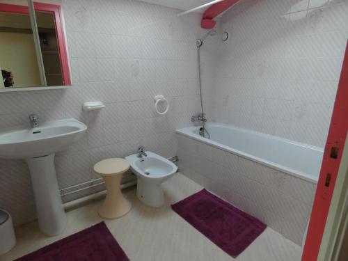 La salle de bains est pourvue d'un lavabo, de toilettes et d'une baignoire. dans l'établissement Gite arriou du bruca, à Sort-en-Chalosse