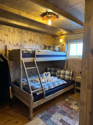 ein Schlafzimmer mit zwei Etagenbetten in einer Hütte in der Unterkunft Ingrid Rorbu, Å i Lofoten in Å