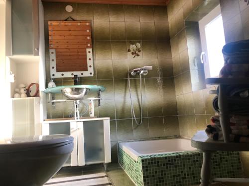 a bathroom with a toilet and a sink at Bei Annerl in Gmunden
