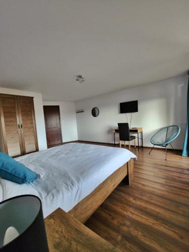a bedroom with a large bed and a desk at Pensiunea Sara pe deal in Hangul