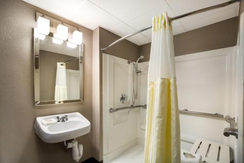 y baño con lavabo y ducha. en Red Roof Inn Allentown South, en Allentown