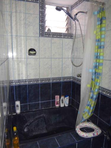 een badkamer met een douche en een toilet. bij Vane House in Lima