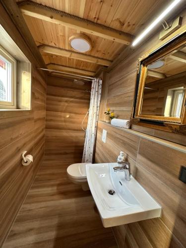 ein Badezimmer mit Waschbecken und Spiegel in der Unterkunft Ingrid Rorbu, Å i Lofoten in Å