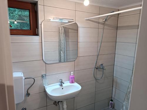 La salle de bains est pourvue d'un lavabo et d'un miroir. dans l'établissement Cottage Auto Camp Vinac, à Jajce