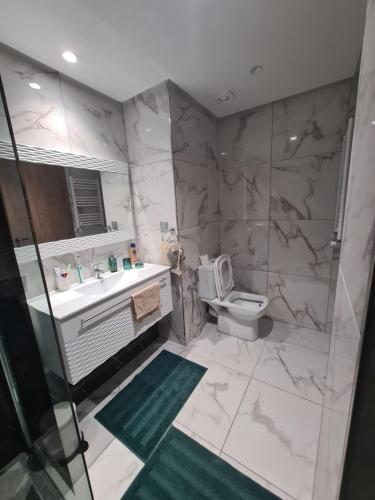 La salle de bains est pourvue de toilettes, d'un lavabo et d'une douche. dans l'établissement Palm Lake Resort Folla Monastir vue Piscine, à Monastir
