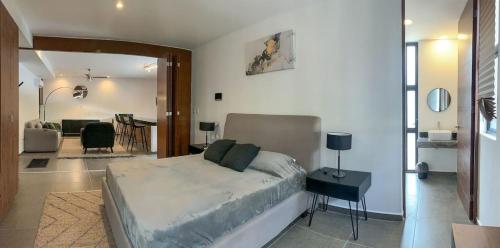 a bedroom with a bed and a living room at Moderno y Comodo Loft Asoluta in Mérida