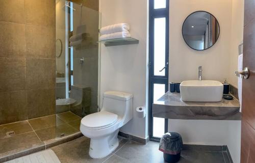 a bathroom with a toilet and a sink and a mirror at Moderno y Comodo Loft Asoluta in Mérida