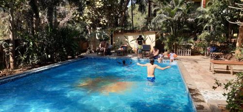 a group of people playing in a swimming pool at Palolem garden estate in Canacona