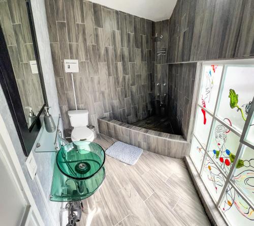 a bathroom with a toilet and a shower at Lovely Loft 10 min from downtown - free parking in San Luis Potosí