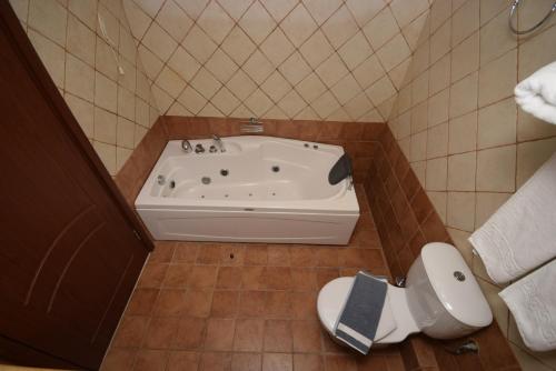 a bathroom with a bath tub and a toilet at Porto Plakias & Spa in Plakias