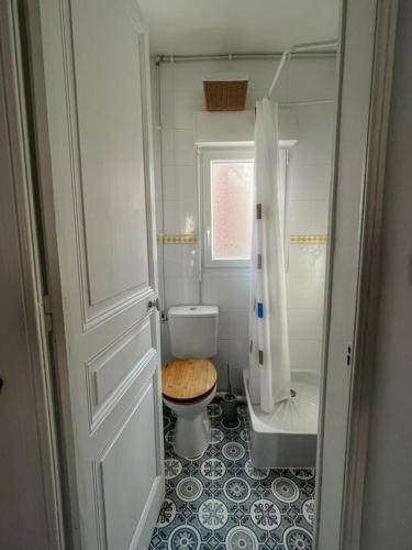 une petite salle de bain avec toilettes et douche dans l'établissement Appartement Villa La Mésange, à Mers-les-Bains