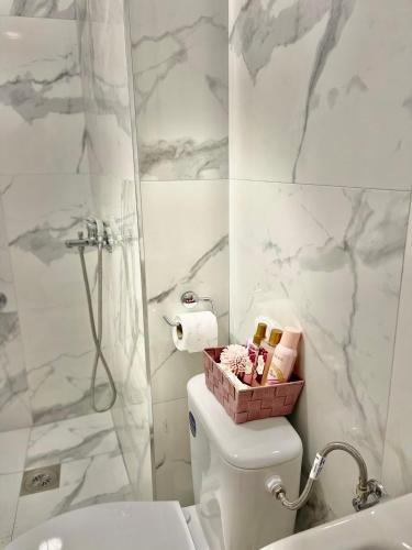 a bathroom with a toilet with a basket on top of it at City center in Ulcinj