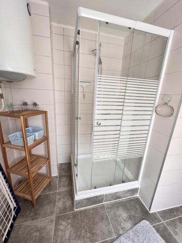 a shower with a glass door in a bathroom at Ferienhaus Feldblick in Greifswald