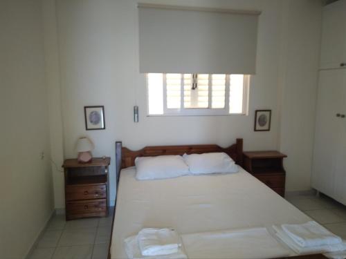 a bedroom with a large bed and a window at Armenistis apartment in Armenistis