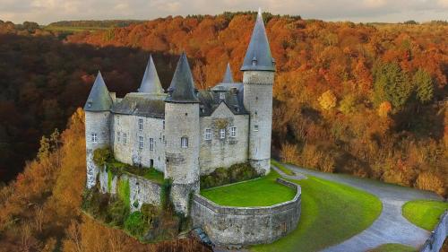 an old castle on a hill in the forest at Gites Douillets for the Family in Houyet