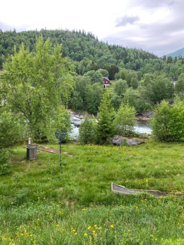 a field of grass with a river in the background at Brobygget Mølla 101 in Kyrkjebøen