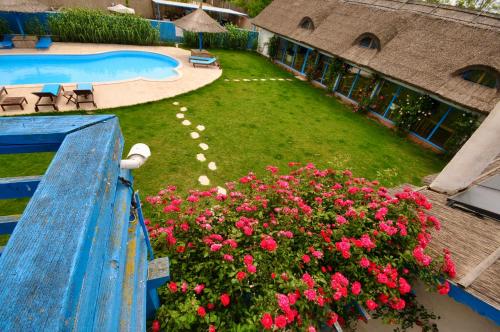 an aerial view of a yard with flowers and a swimming pool at Pension Sharaiman in Dunavăţu de Jos