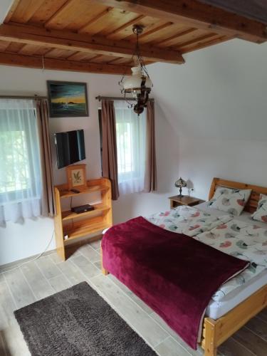 a bedroom with a large bed and a tv at Klára Vendégház in Badacsonyörs