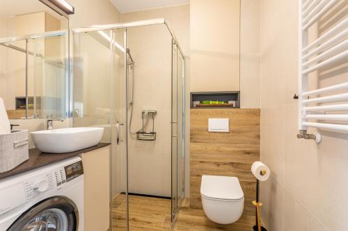 łazienka z umywalką i pralką w obiekcie Apartament Kryształ Górski - Stone Hill w Szklarskiej Porębie