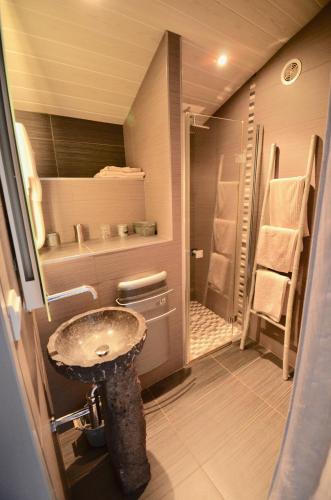 une salle de bain avec un lavabo et une douche dans l'établissement Le Moulin des Poètes, à Malauzat