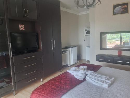 a bedroom with a tv and a bed with a red rug at Home Feeling Guesthouse in Port Shepstone