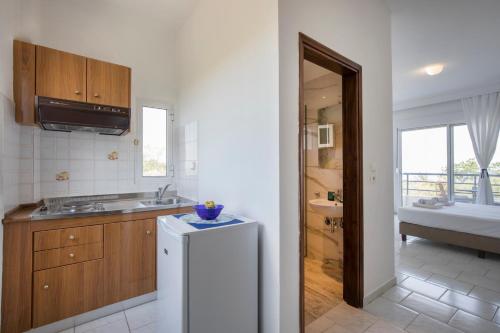 een keuken met een wastafel en een koelkast bij Kahlenberg apartments in Afitos