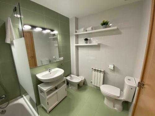 een badkamer met een wastafel, een toilet en een spiegel bij Prados de la Magdalena in San Leonardo de Yagüe