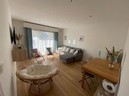 un salon avec un canapé et une table dans l'établissement Appartement Cosy Avec Terrasse Parking Proche Plages et Calanques, à Marseille