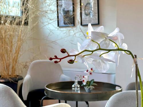 een witte bloem op een tafel in een kamer bij Hotel Koferita in Melissourgoí