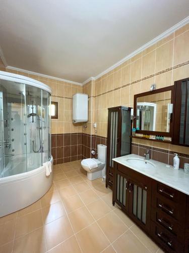 a bathroom with a shower and a sink and a toilet at Heaven White Palace in Bostancı
