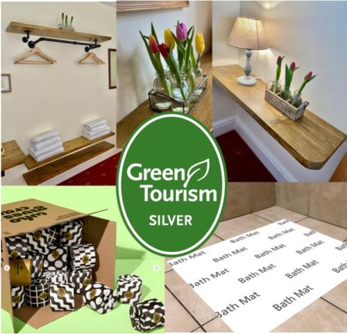a collage of pictures of a room with a box and flowers at The Gordon Arms Restaurant with Rooms in Yarrow