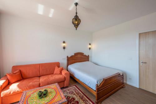 a living room with a couch and a bed at Le Petit Riad in Vilvoorde