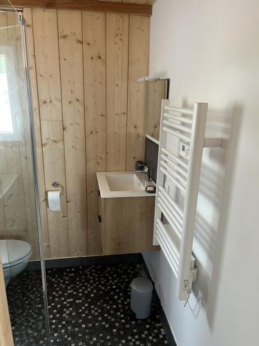 une salle de bain avec un lavabo, une douche et des toilettes dans l'établissement Maison bois dans la forêt de Carcans-plage, à Carcans