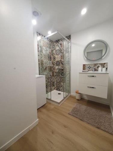 une salle de bain avec une douche, un lavabo et un miroir dans l'établissement Cocon Cosy, à Clermont-Ferrand