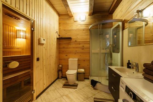 a bathroom with a toilet and a shower and a sink at Dacha 9 in Voropayev